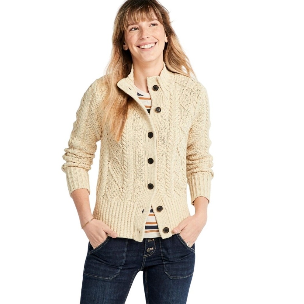 LL Bean Signature Fisherman Sweater Cardigan Cream S PETITE